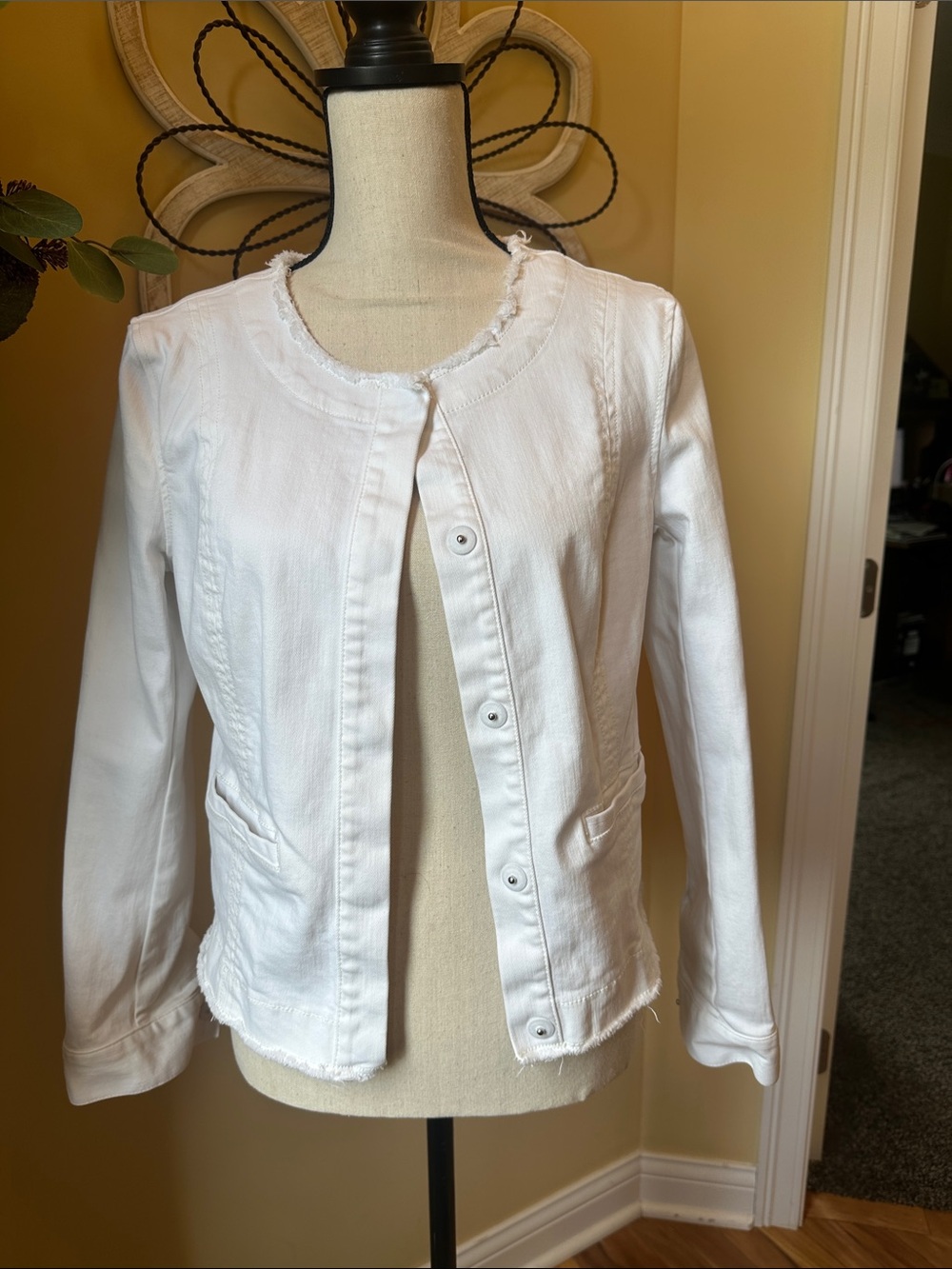 CAbi White Frayed-Trim Jean Jacket